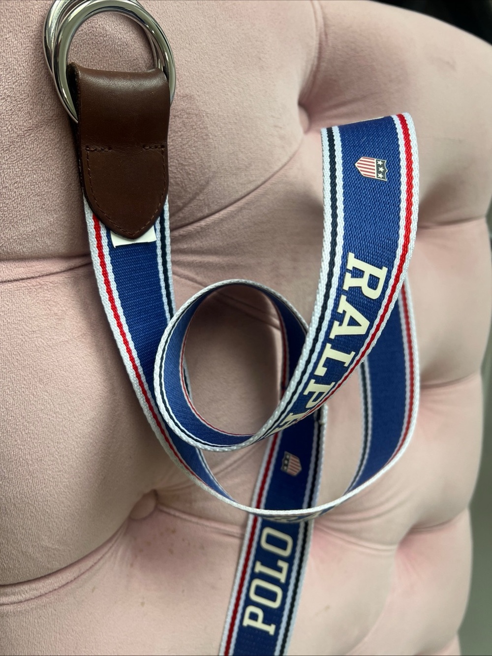 Ralph Lauren Blue Ribbon Logo Webbing Belt with Red and White Stripes